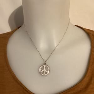 2017 Claire's Silvertone Rhinestone Peace Sign Necklace 16" w/3" Extension